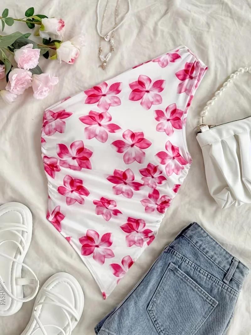 Haut court pour femme, haut court élégant à une épaule, débardeur imprimé floral, design asymétrique