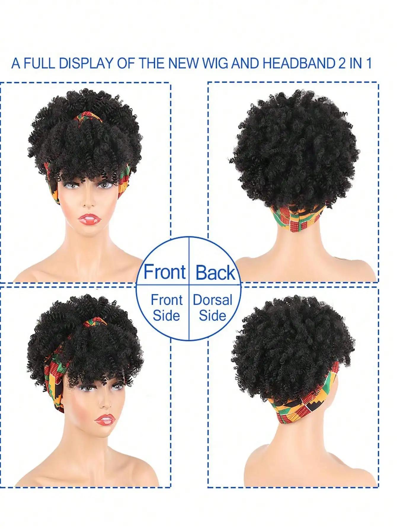 Perruque de cheveux bouclés pour femmes noires avec foulard et pompon, perruque enveloppée 2 en 1, p