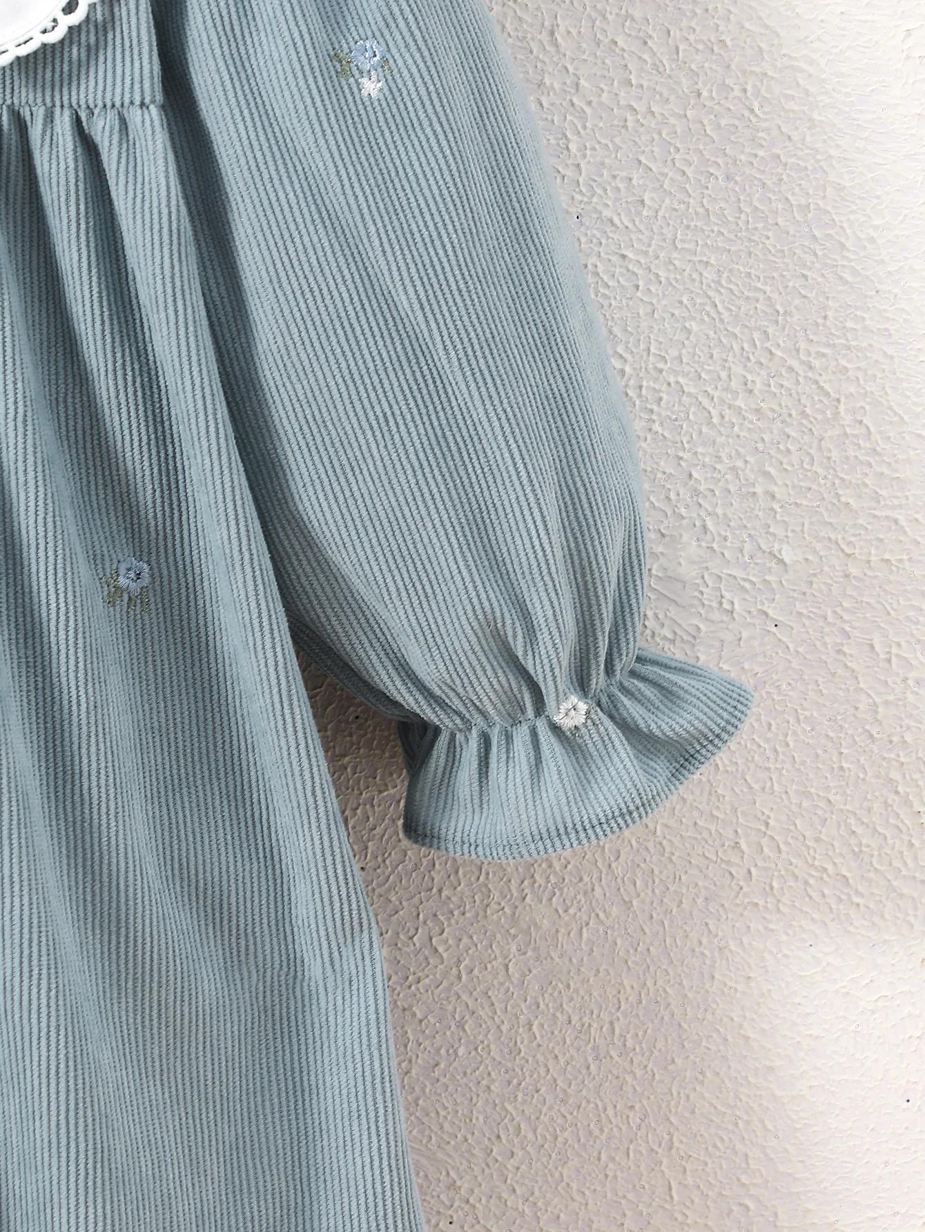 Robe en velours côtelé brodée de fleurs pour jeunes enfants, col brodé bicolore, robe à manches long