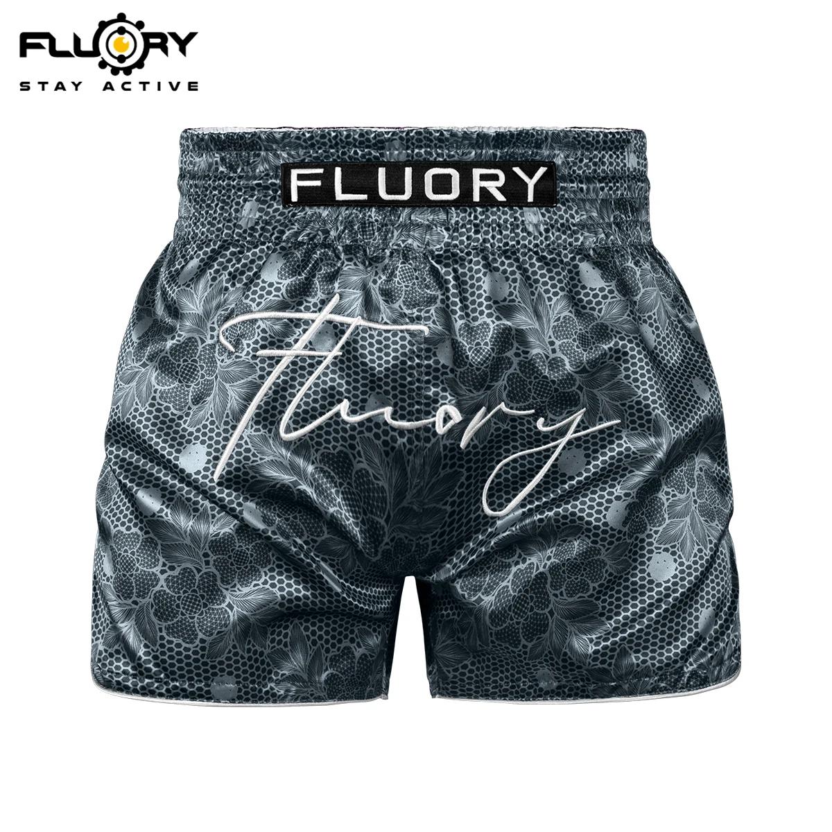 Shorts de Muay Thai brodés rétro imprimés FLUORY, tissu confortable et respirant, shorts d'entraînem