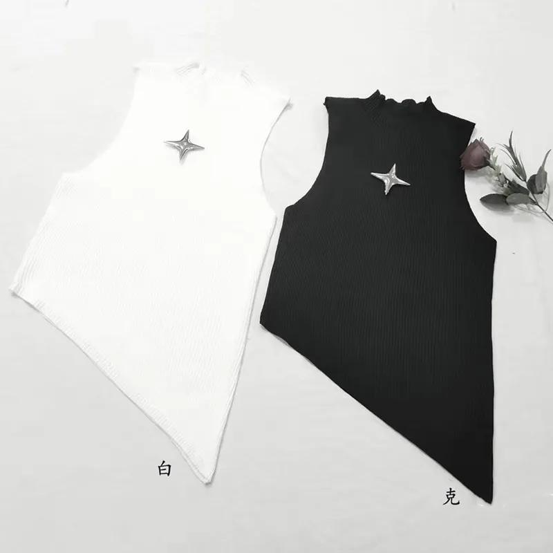 Y2K – haut court en tricot pour femmes, sans manches, ourlet asymétrique, col haut, extensible, ajus