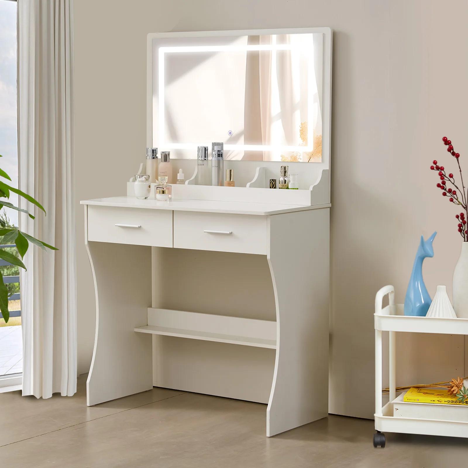 Bureau de maquillage avec lumières, vanity avec miroir ouvrable et 3 documents à intensité variable,