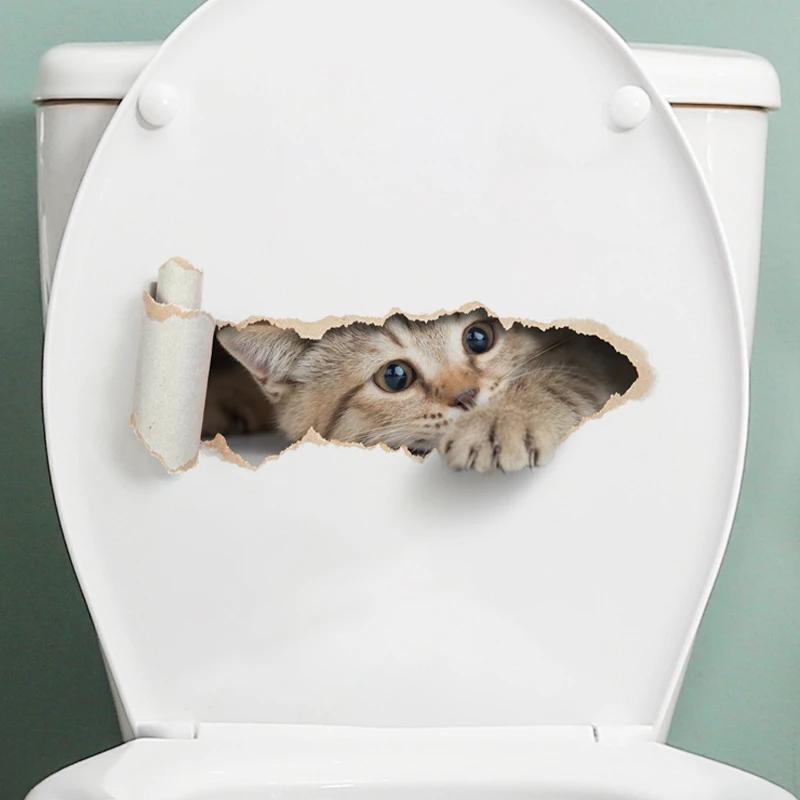 Autocollant de toilette chaton déchiré, effet 3D, pour siège de toilette de salle de bains, autocoll
