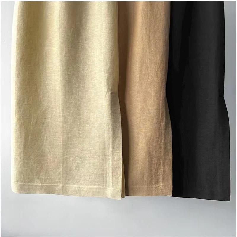 Jupe simple taille haute en lin et laine, atmosphère artistique espagnole, ourlet texturé, fente lat