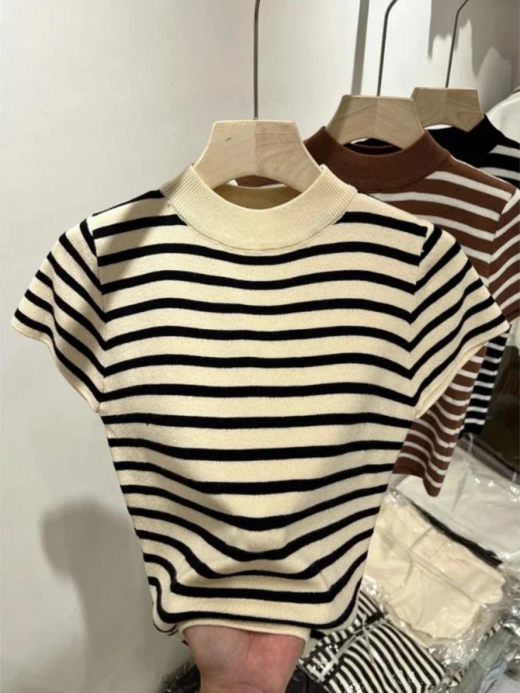 Pull à col roulé rayé pour femme, haut ajusté, chemise à manches courtes, début du printemps et de l
