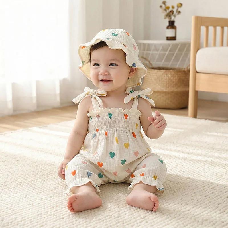 Combinaison d'été 2026 pour bébé fille 0-24 mois, motif floral tulipe, avec bretelles + chapeau, sty
