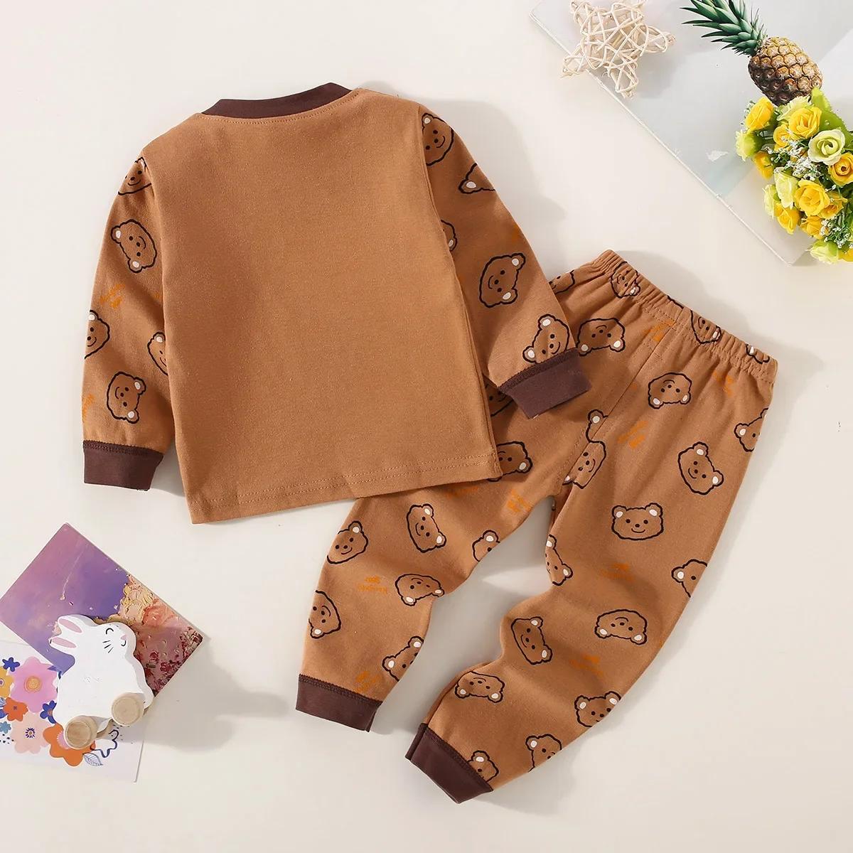 Ensemble de sous-vêtements pour garçons en coton avec lettrage et motif d'ours, haut à manches longu