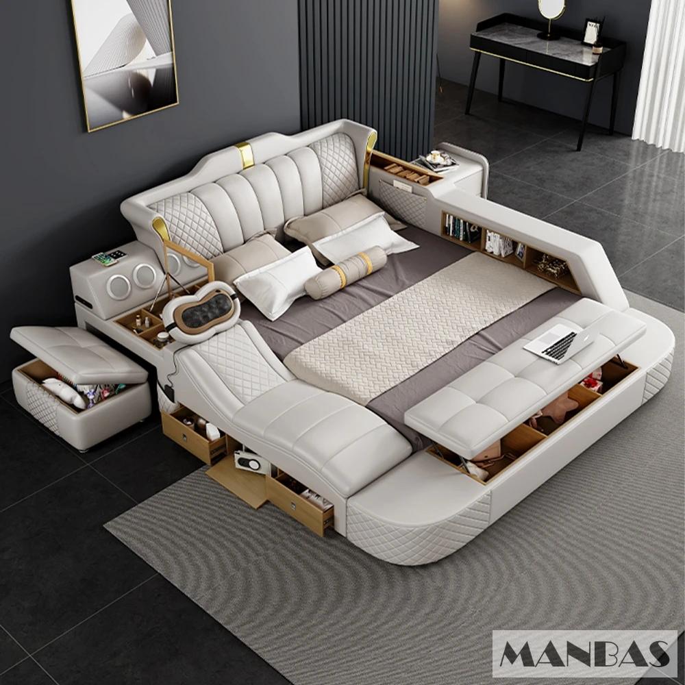 MINGDIBAO-Lit intelligent pour 2 personnes avec cadre King Size, lit Queen, cuir véritable, massage,