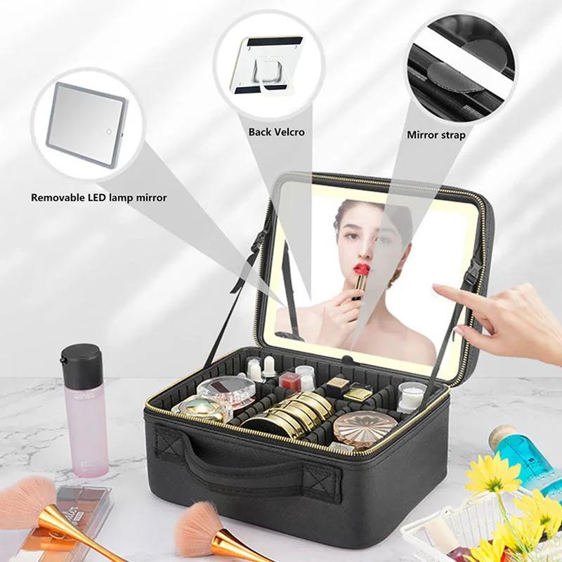 Trousse à cosmétiques intelligente LED avec miroir, trousse de maquillage de voyage, grande capacité