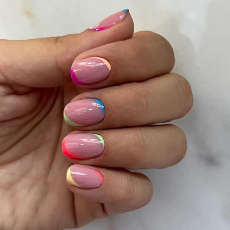Faux ongles français colorés, 24 pièces, Design à rayures diagonales, courts et ronds, élégants, à p