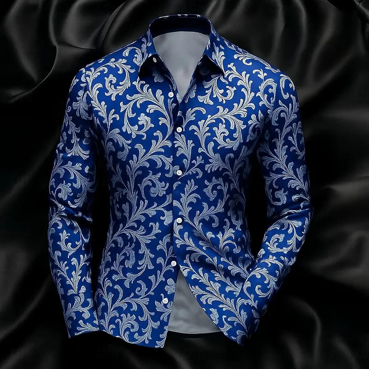 Chemise à manches longues pour hommes, simple, couleur unie, motif géométrique 3D imprimé, revers, d