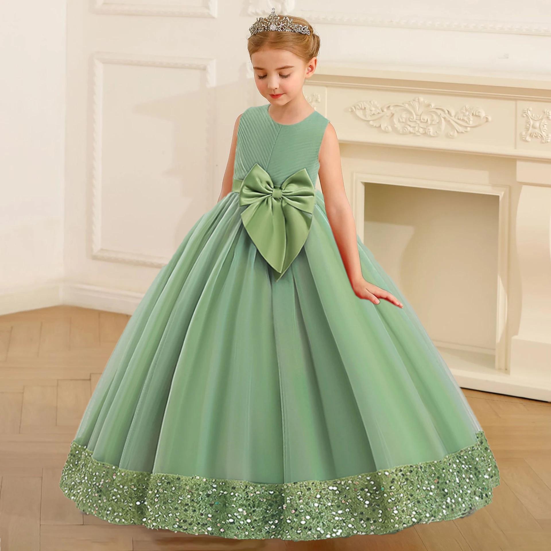 Robe princesse de demoiselle d'honneur à paillettes moelleuses pour filles, avec nœud élégant, rose,