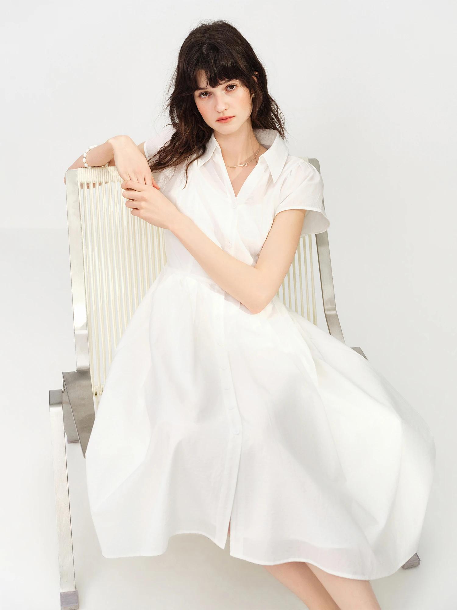 Robe plissée midi pour femme FSLE 2026, col en V fendu, coupe ajustée, style chemise, fluide, modern
