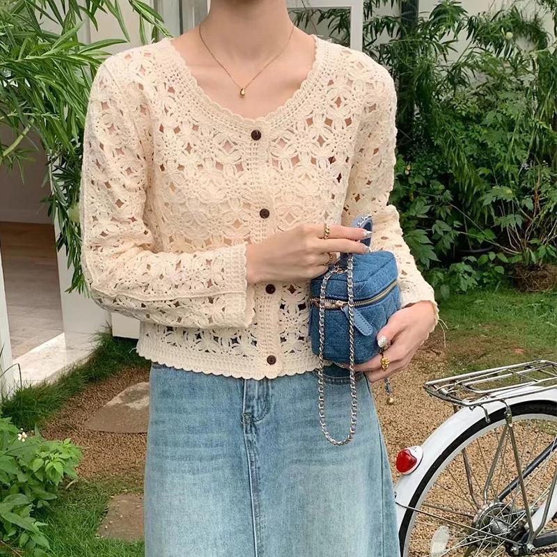 Haut en Crochet à manches longues pour femmes, veste Cardigan en tricot ajouré à boutons transparent