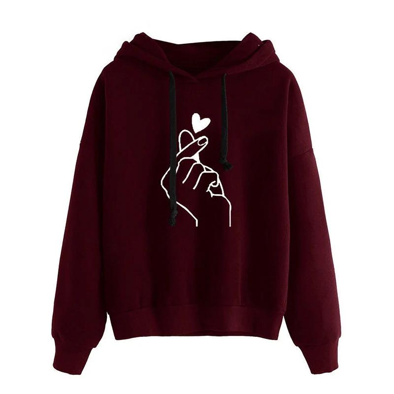 Automne sweat à capuche polaire couleur unie doigt coeur à capuche mode coréenne sweats à manches lo