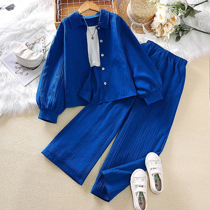 Ensembles pour filles de 4 à 16 ans, chemise, manteau à manches longues + pantalon Long ample et déc