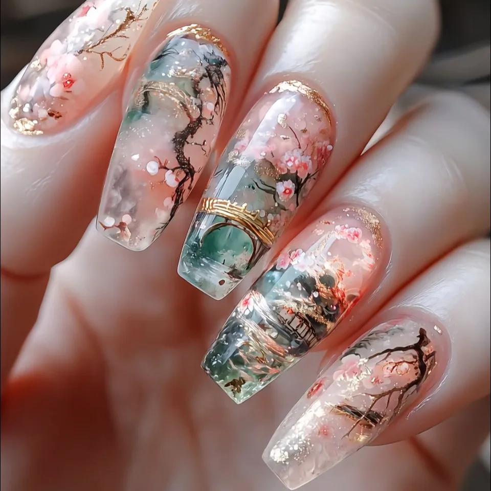 24 pièces ensembles de faux ongles portables fleur rose longue cercueil faux ongles fini mode paille