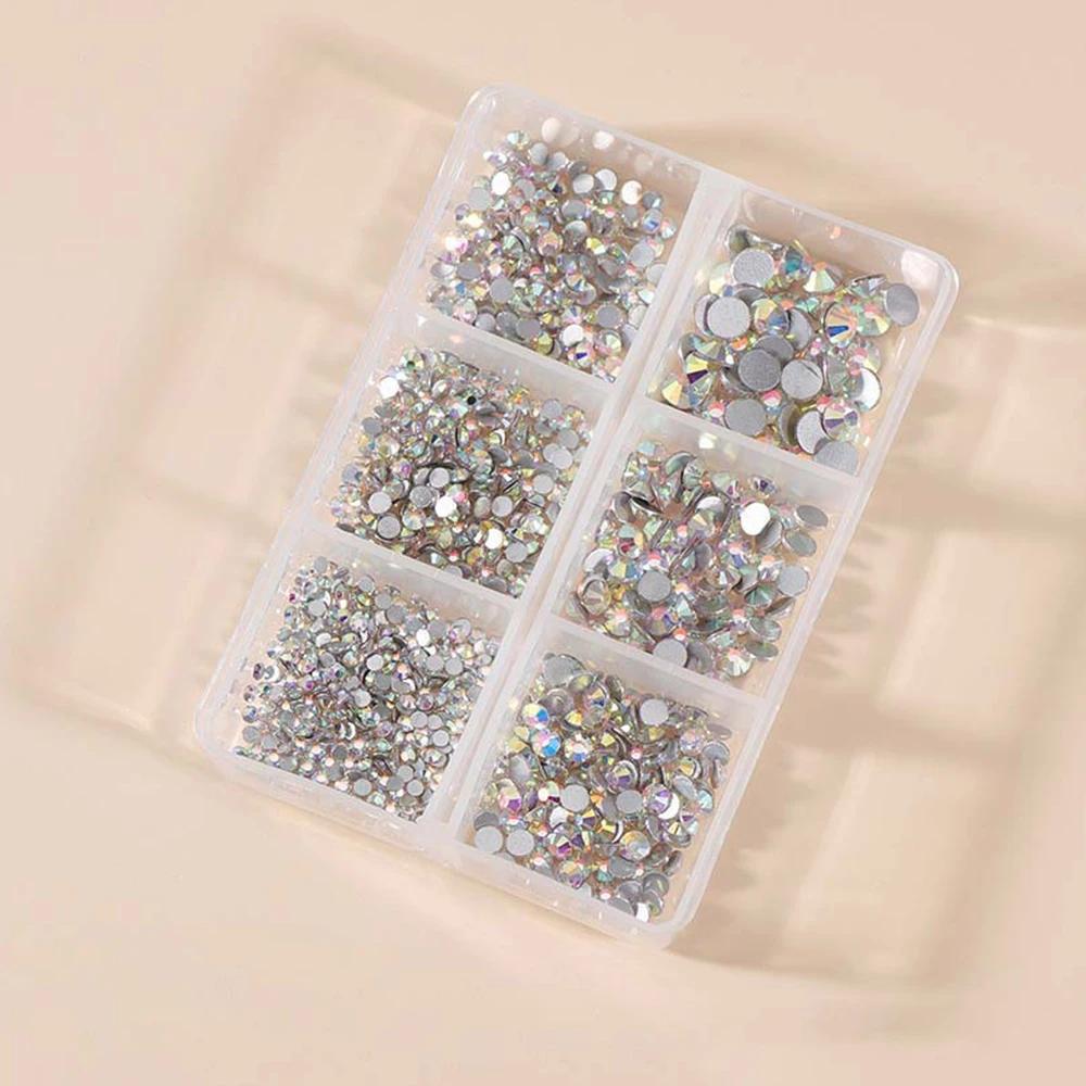 1 boîte de Strass pour ongles en cristal AB multi-tailles, pierres précieuses en diamant clair à fon
