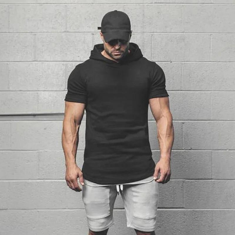 T-shirt à capuche en coton pour homme, coupe slim, respirant, à manches courtes, pour la musculation