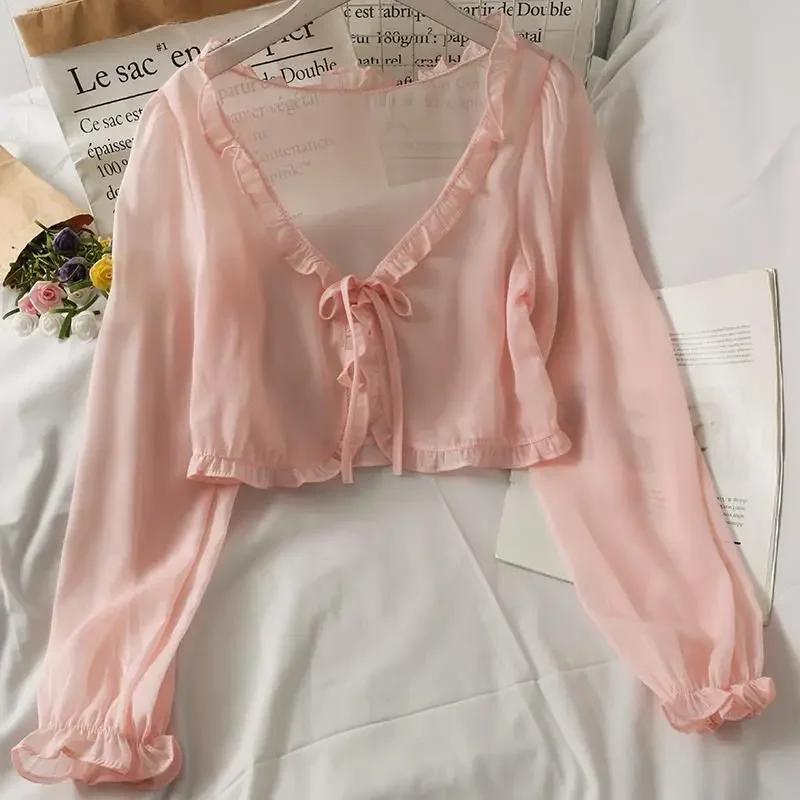 Manches longues mince respirant T-shirts femmes dentelle nœud Cardigan Blouse vêtements volants prot