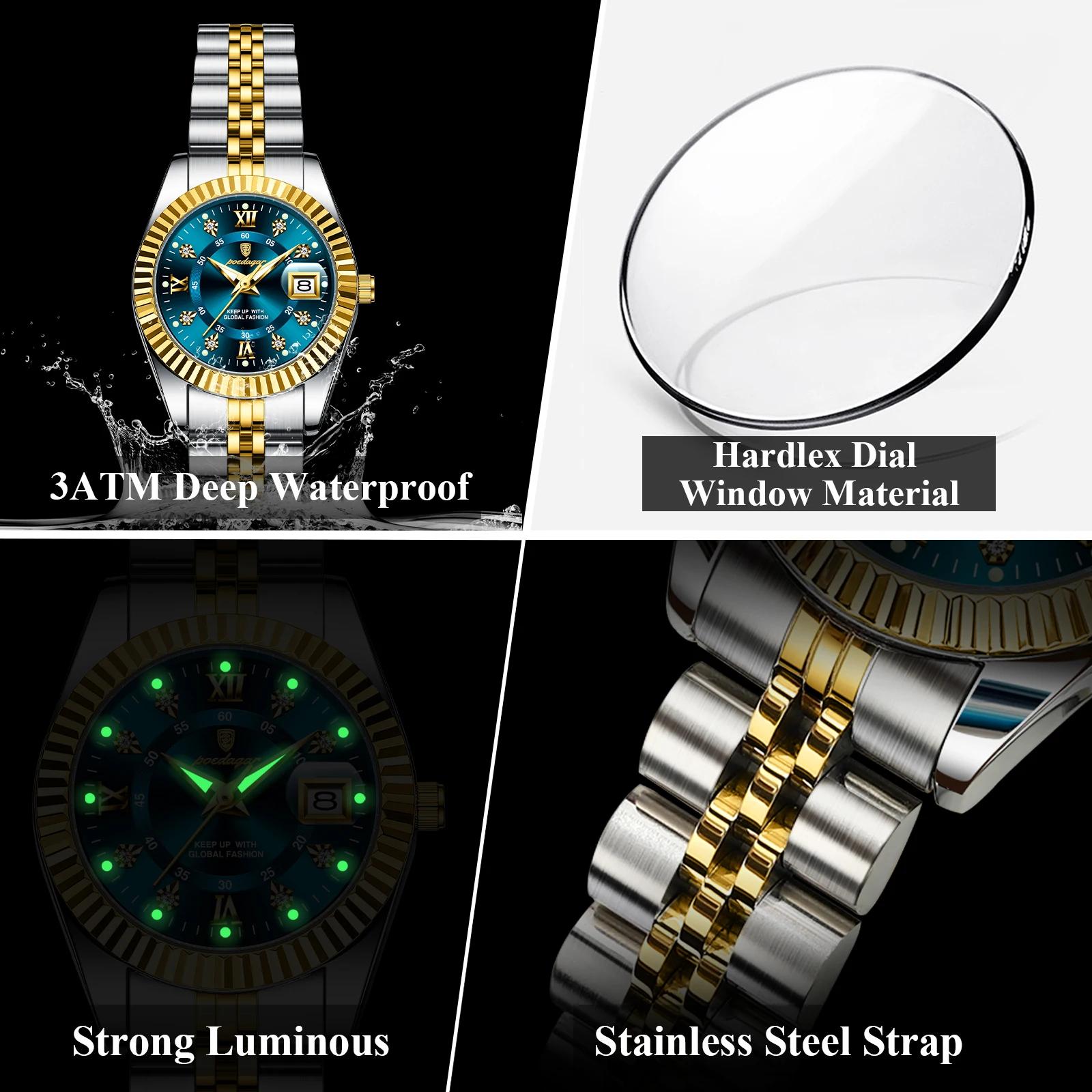 POEDAGAR haut de gamme montre pour femmes étanche en acier inoxydable lumineux Date dames montre Qua