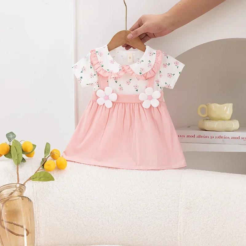 Robe d'été pour petites filles, imprimé floral, dentelle, à revers, mignonne, vacances, deux