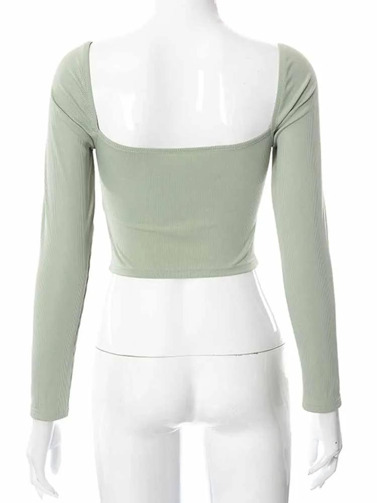 Haut court à manches longues et col en v pour femme, haut court ajouré, décontracté, mode printemps-