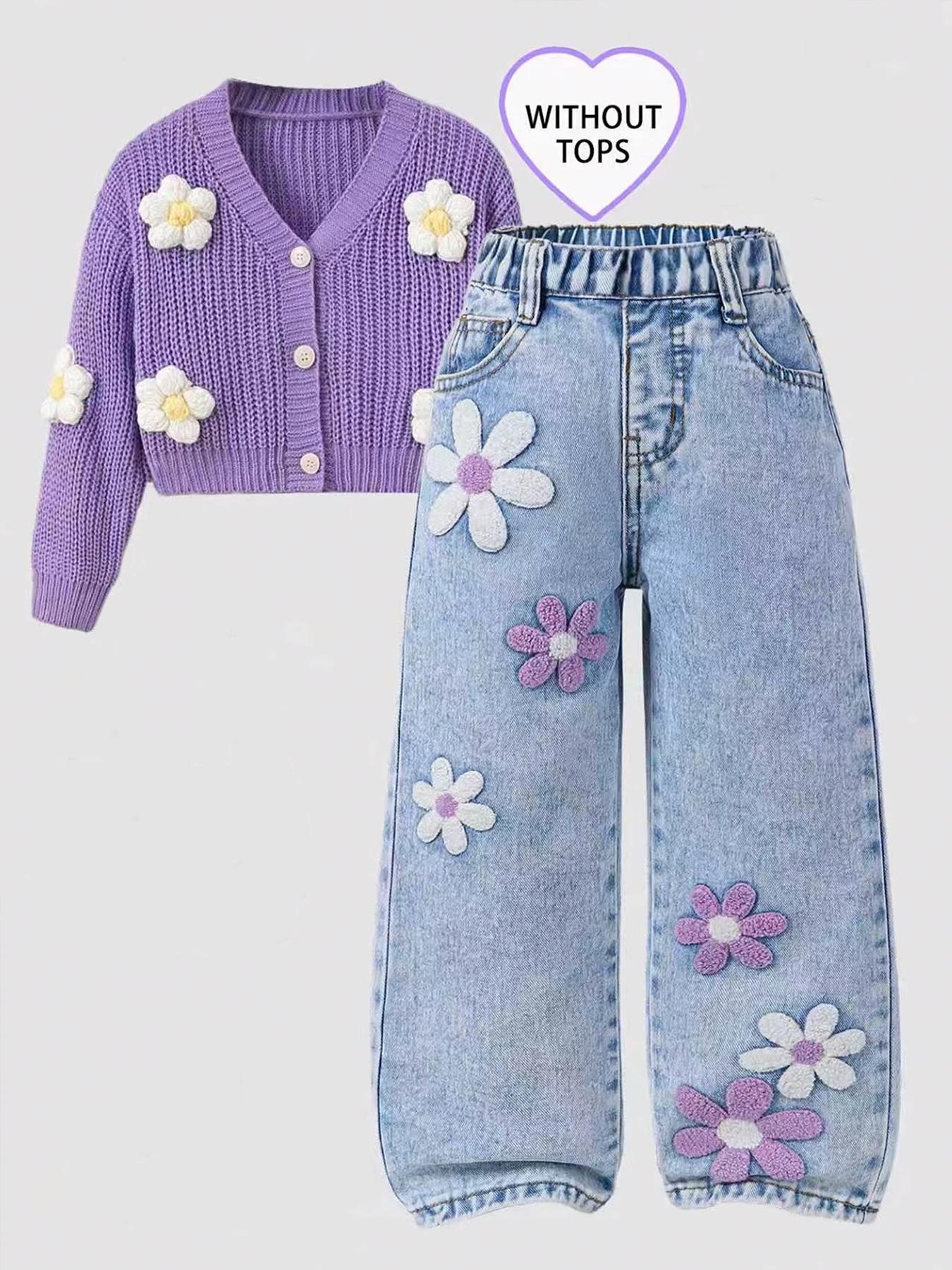 Jean en denim à pois pour filles, imprimé floral, tendance, taille ample, pantalon décontracté polyv