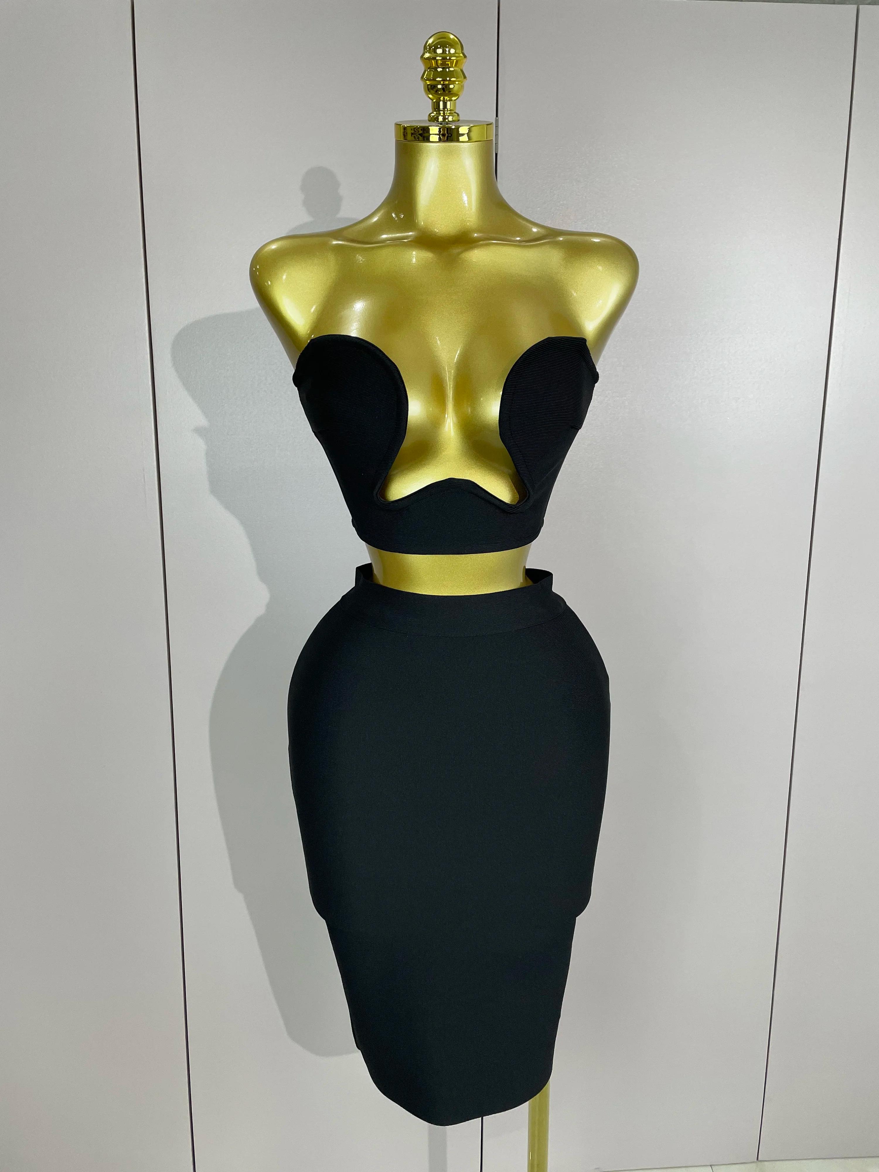 2025 Femmes Sexy Bretelles Dos Nu Noir Bandage Deux Pièces Costume Célébrité Designer De Mode Robe D