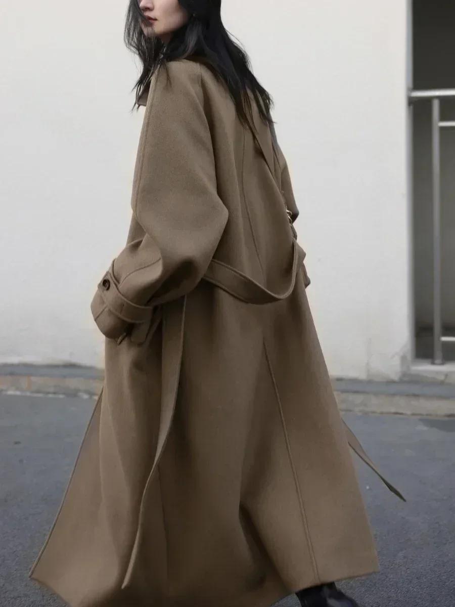 CHIC VEN-Long manteau trench pour femme, manteau en laine à lacets, pardessus à manches Leurs lan, c