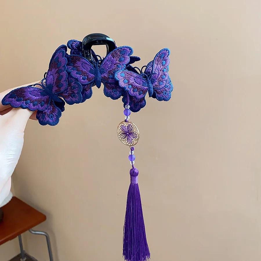 Pinces à cheveux papillon tricotées de Style chinois pour femmes, longues fleurs violettes, pompon r