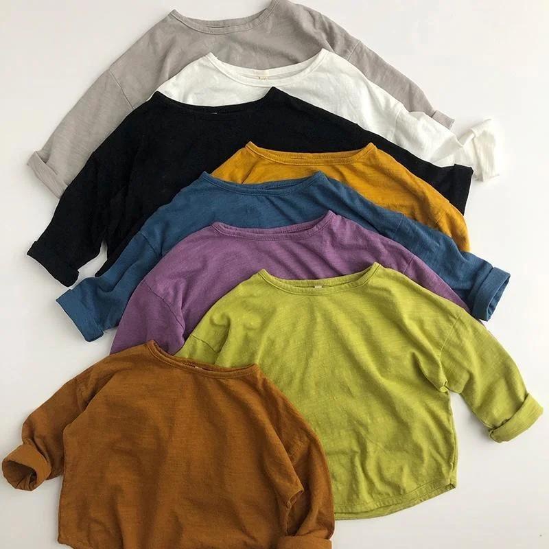 Bébé garçons T-shirt basique à manches longues T-shirts pur coton bébé hauts pour filles enfants T-s