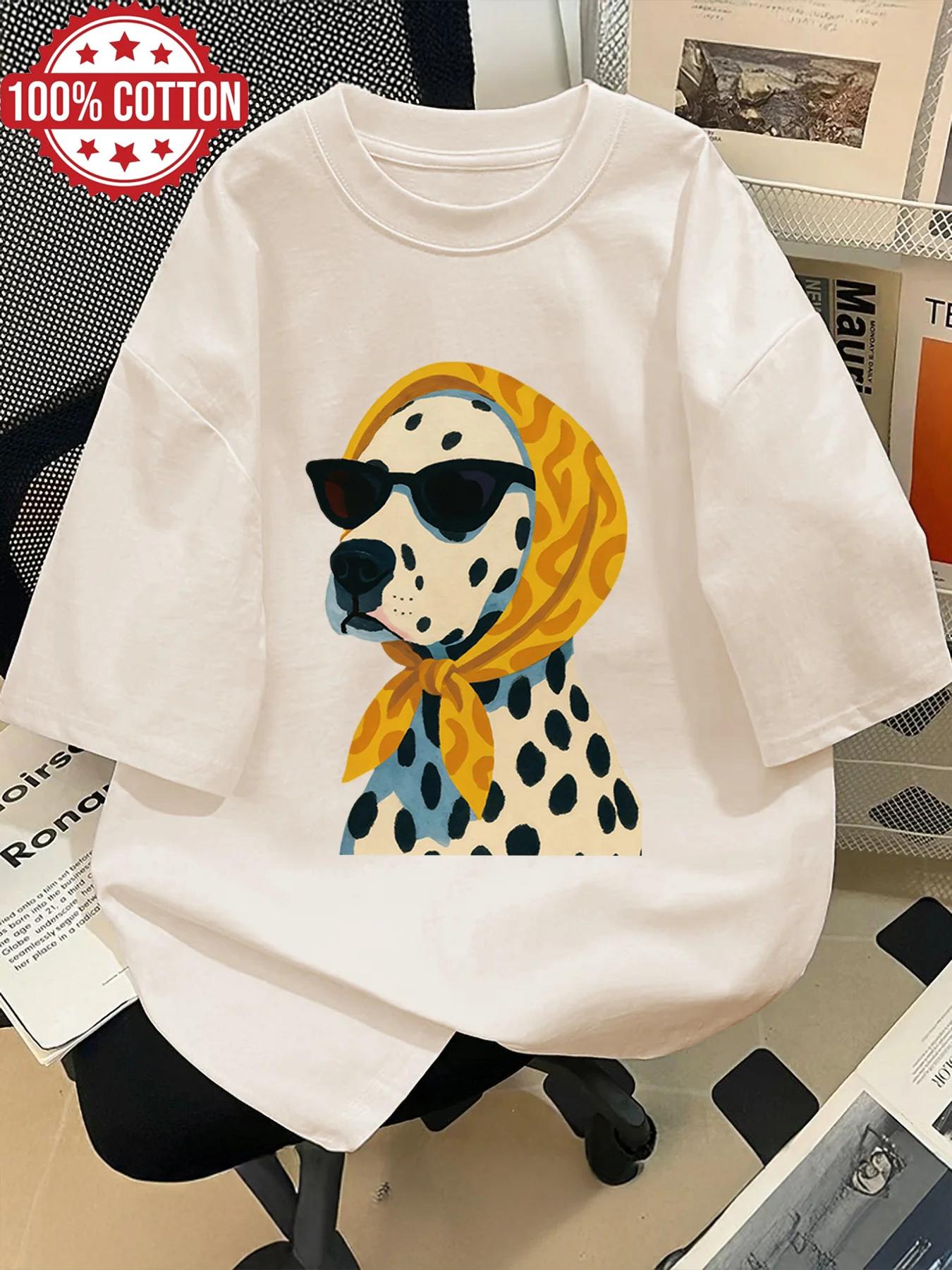 T-shirt unisexe décontracté ample à manches courtes en coton respirant imprimé Dalmatien style rétro