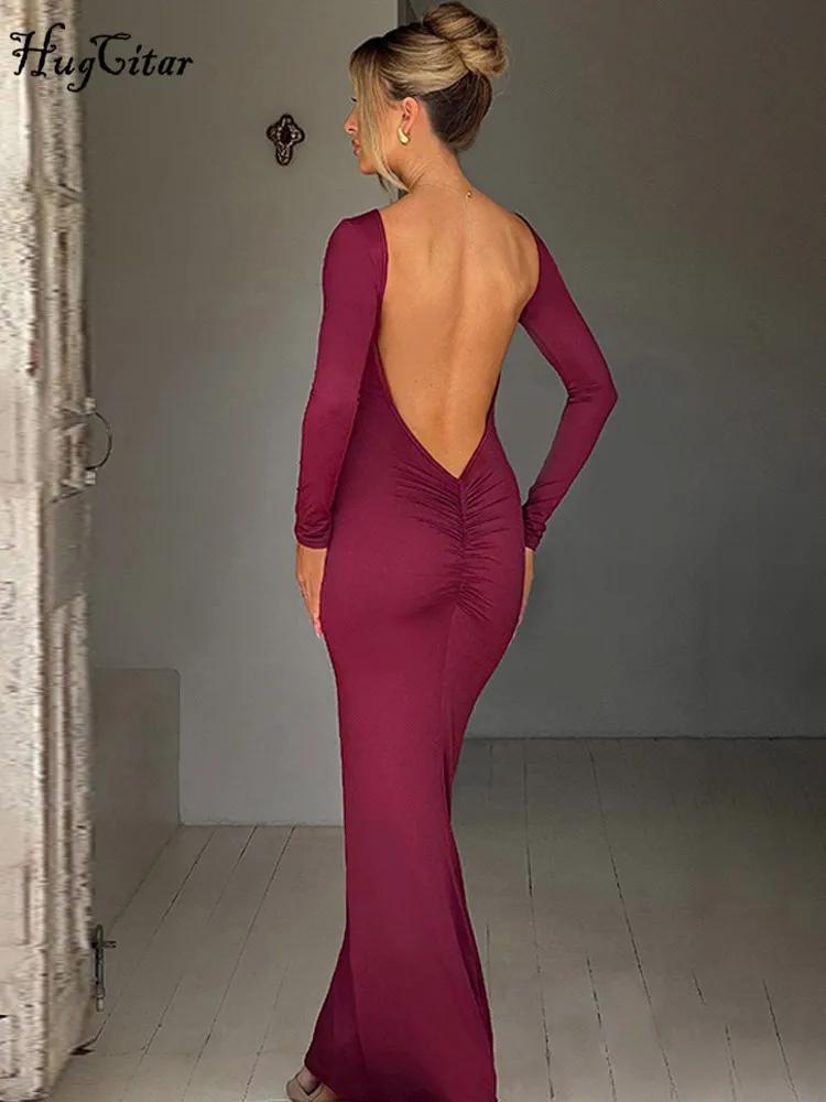 Hugcitar printemps élégant à manches longues dos nu solide froncé Sexy moulante Maxi robe de bal fem