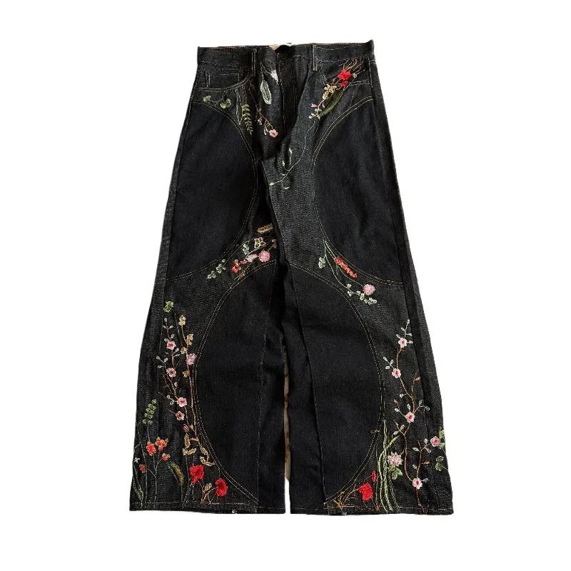 Nouveau jean baggy Y2K Harajuku Streetwear rétro à fleurs, broderie florale tendance, coutures épuré