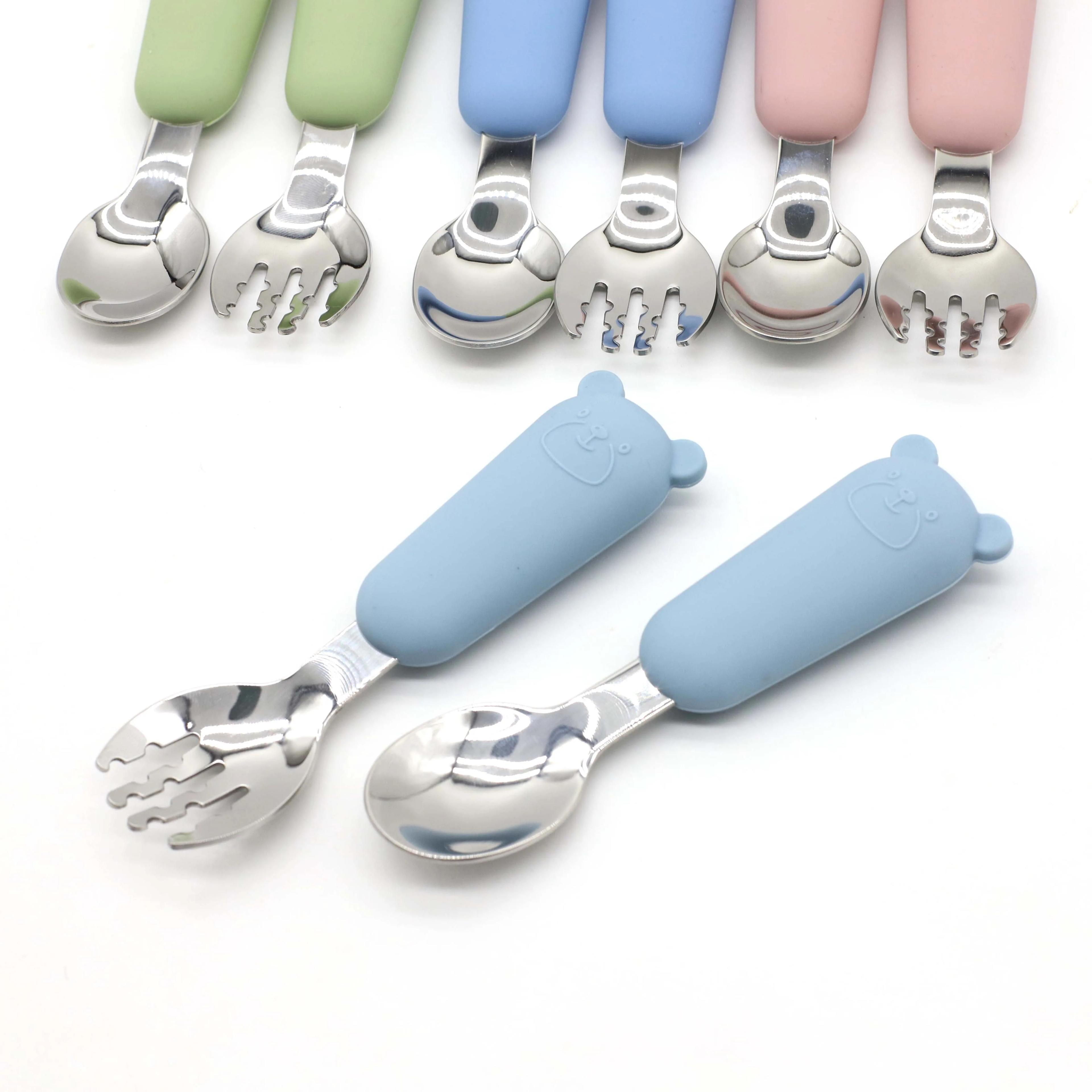 Cuillère et fourchette en acier inoxydable Little Bear Cartoon pour bébé, nourriture auxiliaire, nou