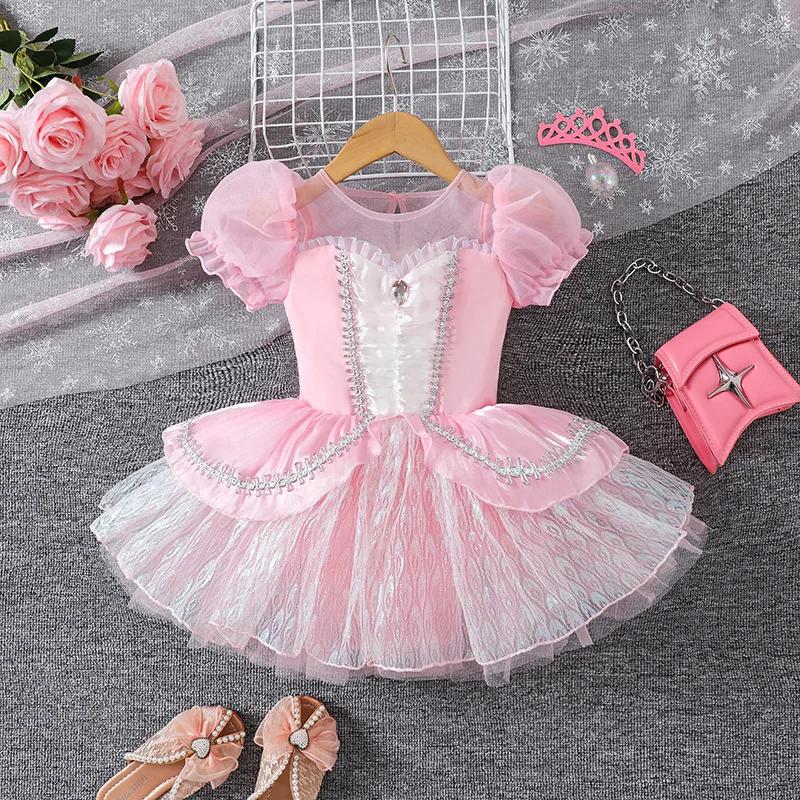 Robe Tutu de Ballet rose pour filles, uniforme d'entraînement en dentelle et Tulle mignon, Costume d