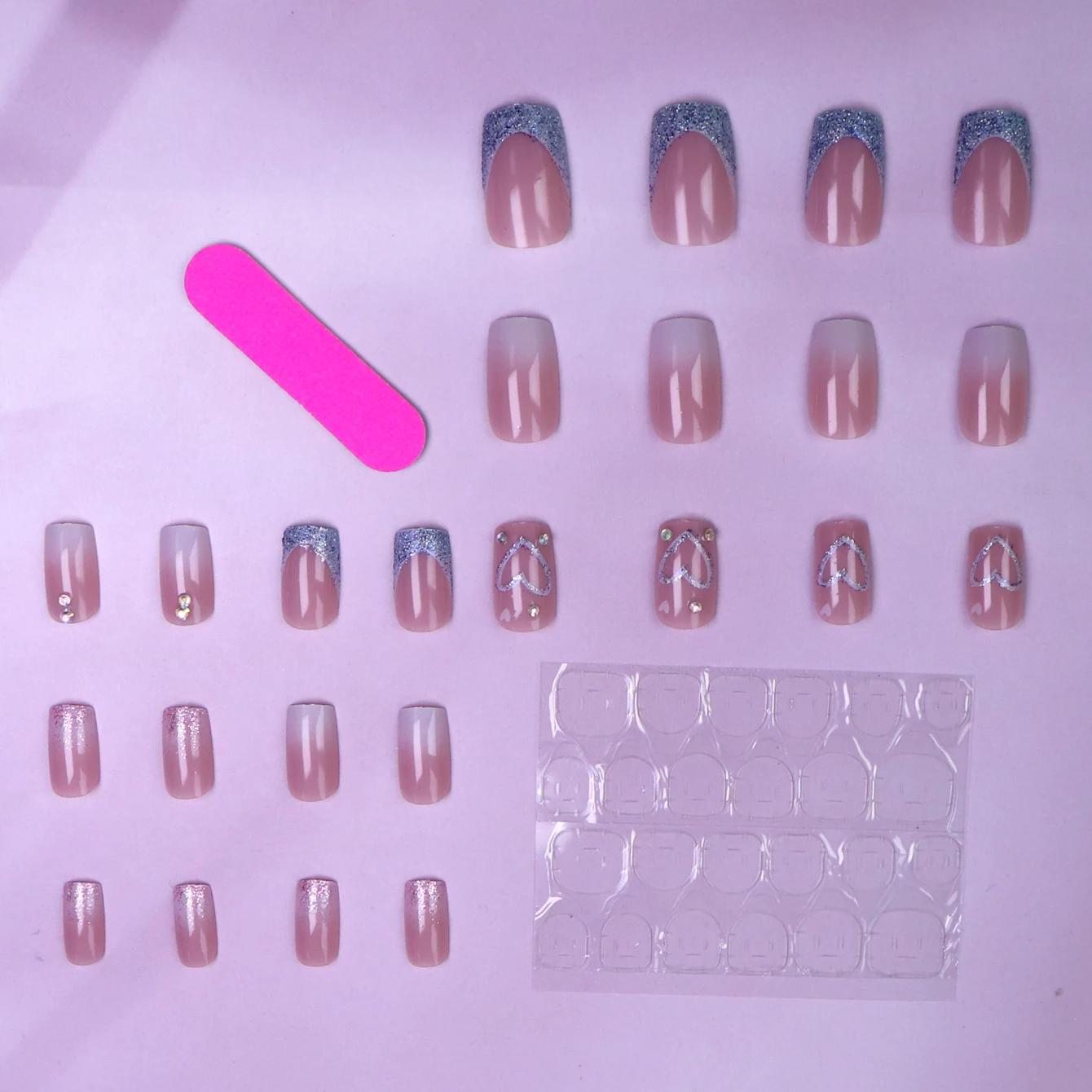 24 pièces ongles d'amour courts français dégradé avec 1 Gel de gelée et 1 lime à ongles-pour fille m