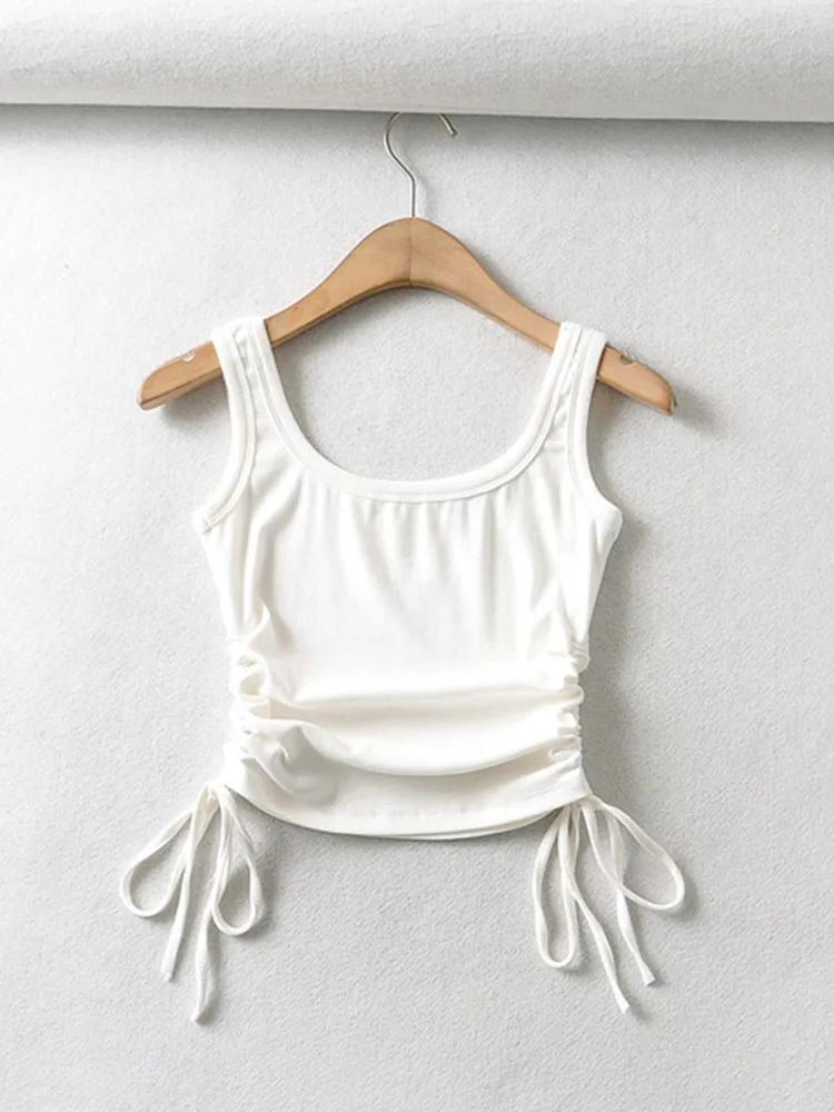Nouveauté filles décontracté couleur unie deux côtés cordon gilet plis froncé Sexy débardeur et Cami