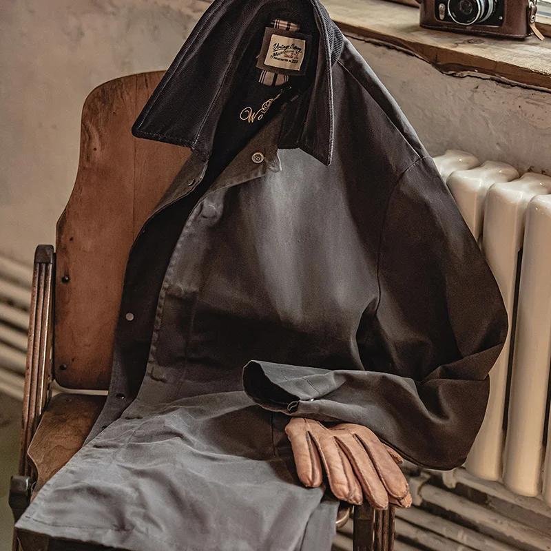 Maden Manteau vintage pour homme avec traitement ciré Manteau mi-long avec col en velours Protection