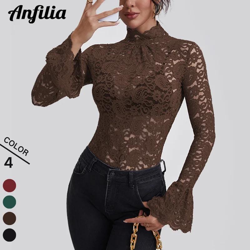Anfilia femmes chemises en dentelle col roulé élégant Flare manches longues évider coupe ajustée Cro