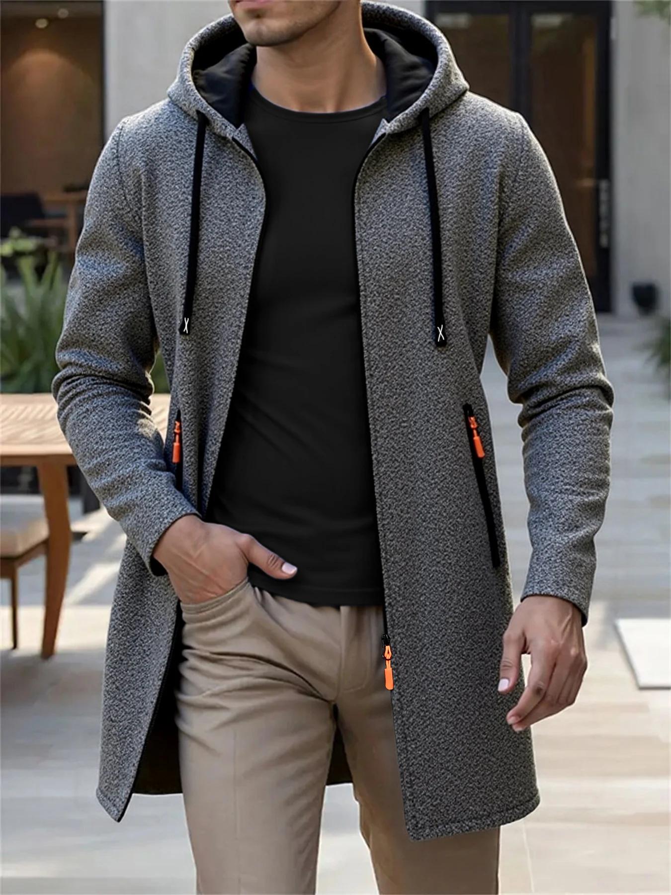 Printemps automne hommes vestes longues à capuche solide tricot Cardigan vêtements d'extérieur décon