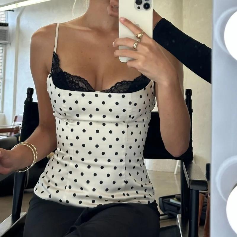 Femmes à pois dentelle garniture Cami haut Sexy dos nu sans manches mince ajusté Camisole haut Vinta