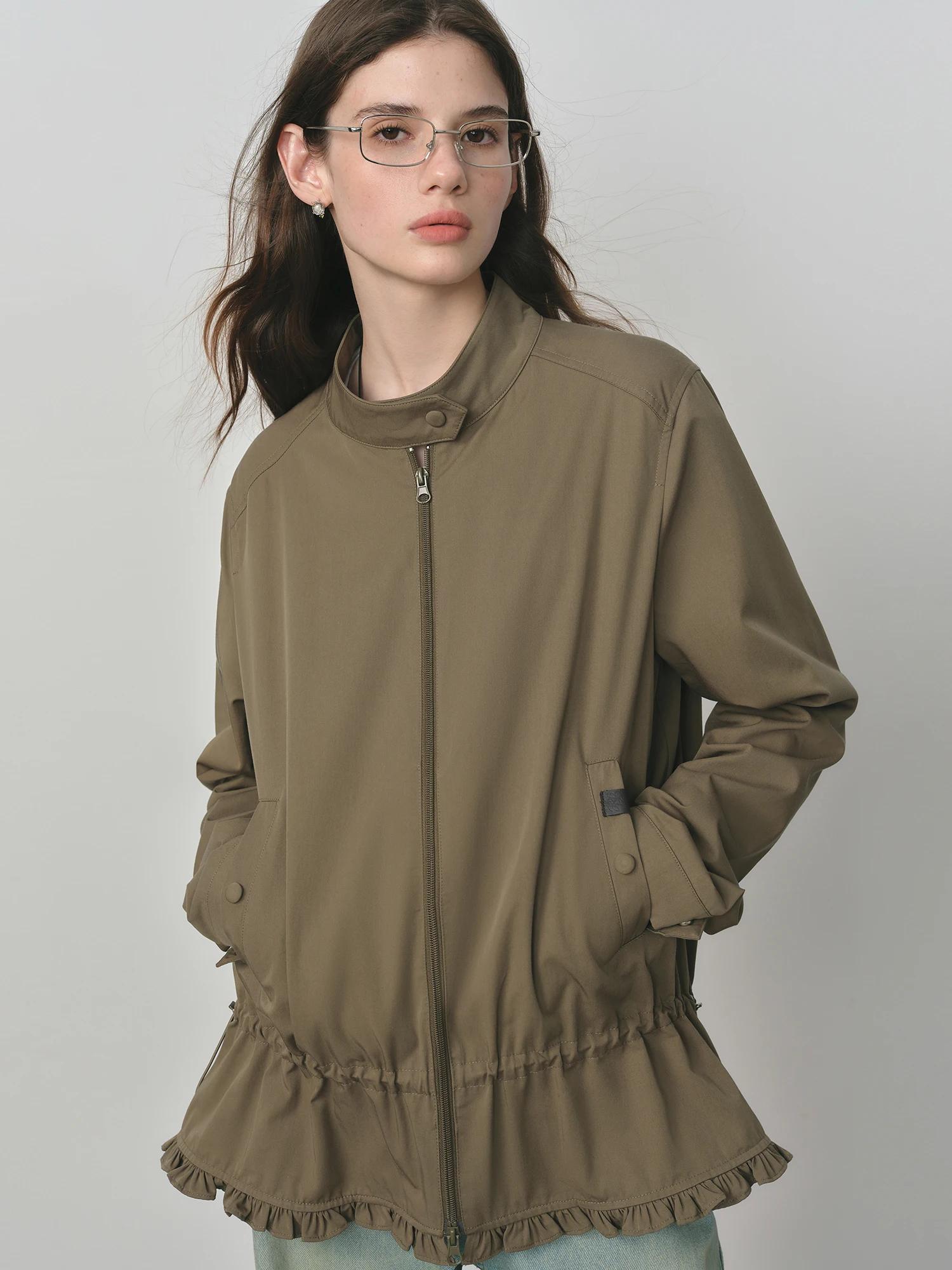 FSLE 2025 nouvelles femmes épaule droite col montant veste 2025 automne Style coréen cordon doux fle