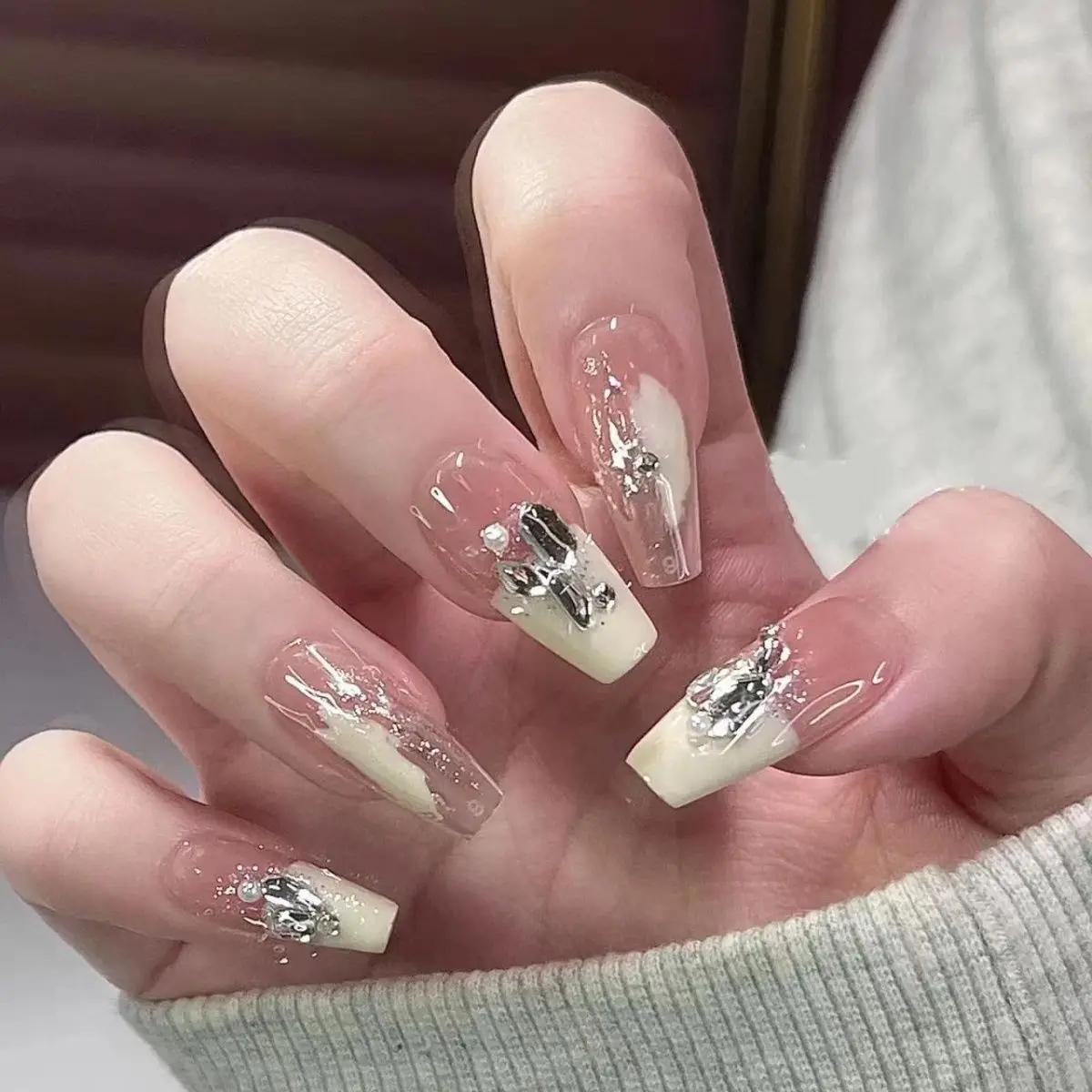 Faux ongles français amovibles en acrylique, mi-longs, ensemble de faux ongles, couverture complète,