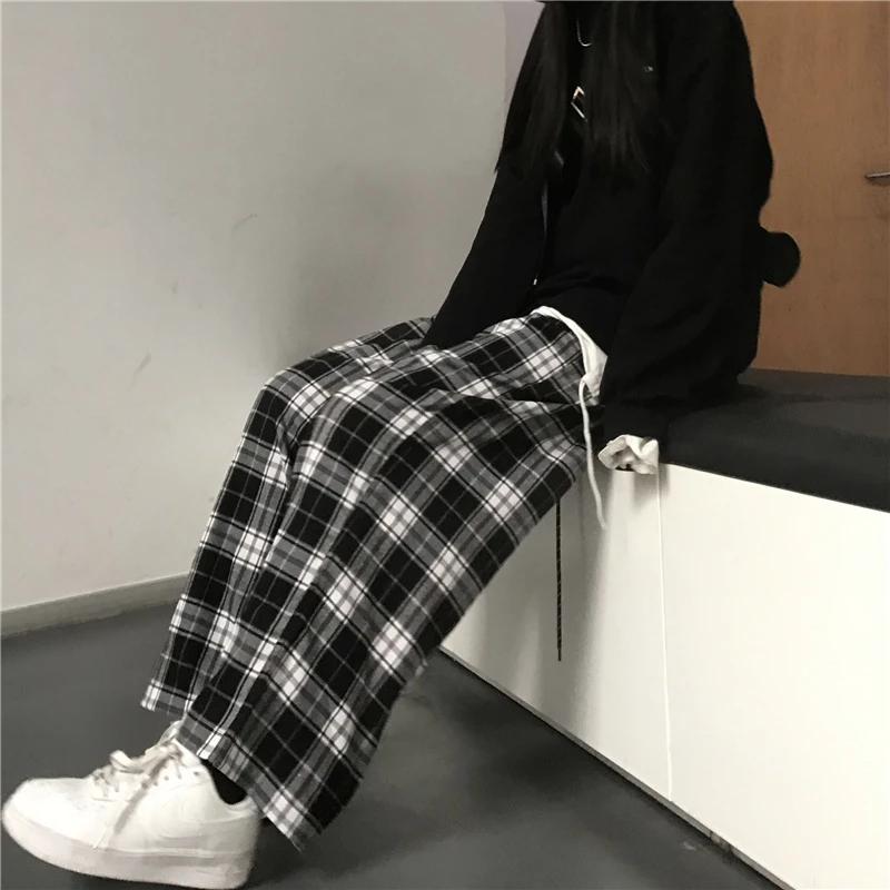 Pantalon de Survêtement Surdimensionné à Carreaux Noirs pour Femme, Baggy Décontracté, Taille artifi