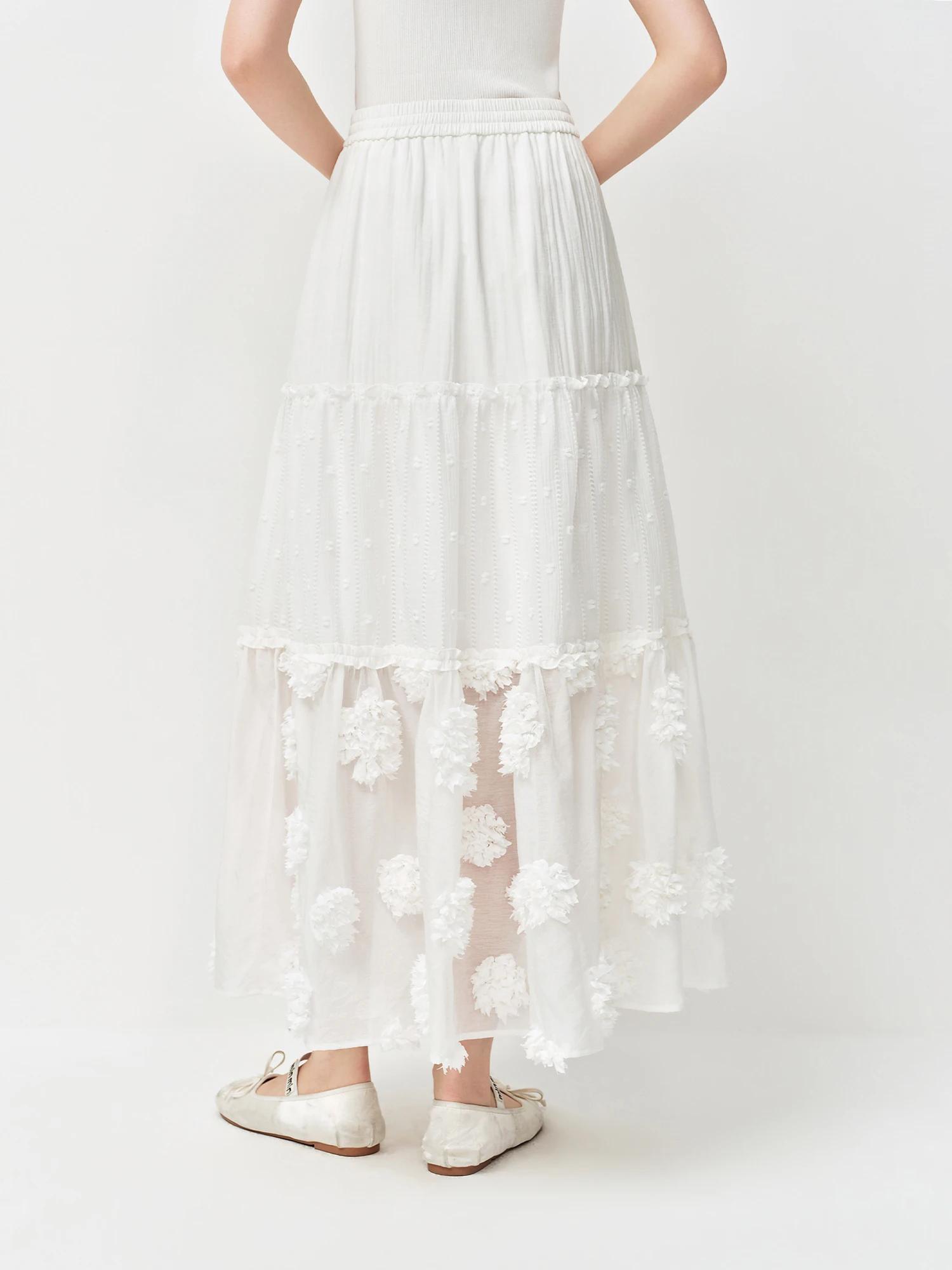 Jupe midi superposée FSLE 2026 pour femme, jupe trapèze blanche brodée de fleurs 3D pour un style ré