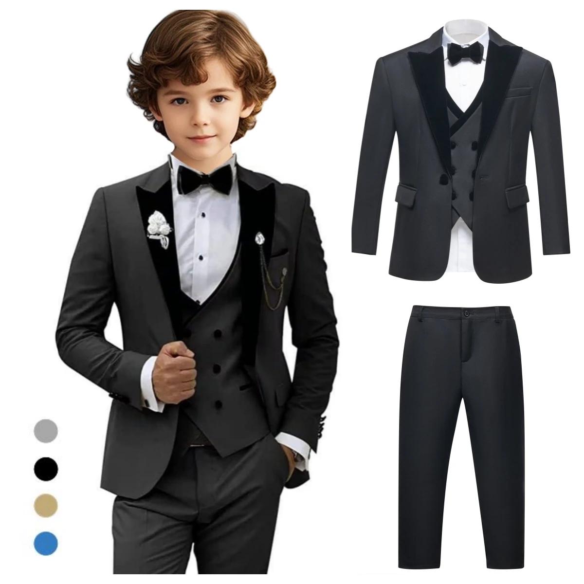 Ensemble de costume formel pour garçons, avec col en velours, Blazer à un bouton, gilet, pantalon, n