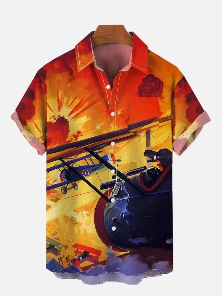 Chemise hawaïenne à manches courtes pour hommes, poche poitrine imprimée, éléments de la guerre de l