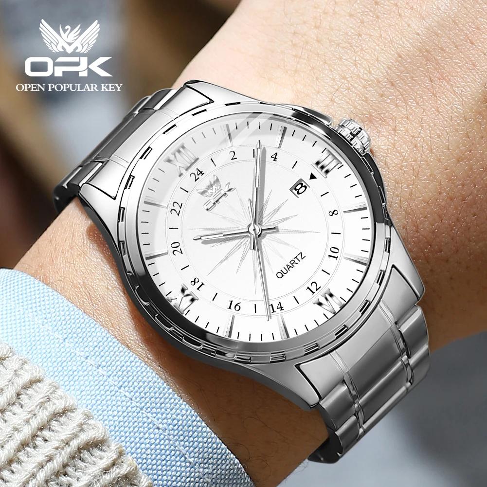 Montre à quartz pour hommes avec ceinture en acier de marque OPK à double calendrier 6003